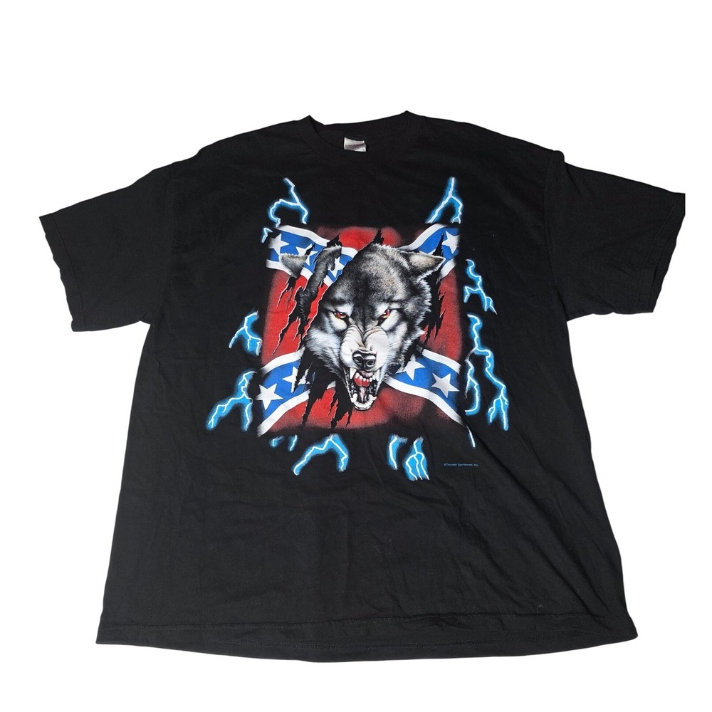 Vintage 90s Thunder Wolf Lightning Rebel Flag T-Shirt Black 2XL Tennessee River